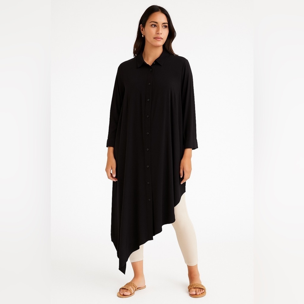 Sun Kim Womens Lagenlook Asymmetric Hem Midi Shirt Dress Black XS‎ Collared